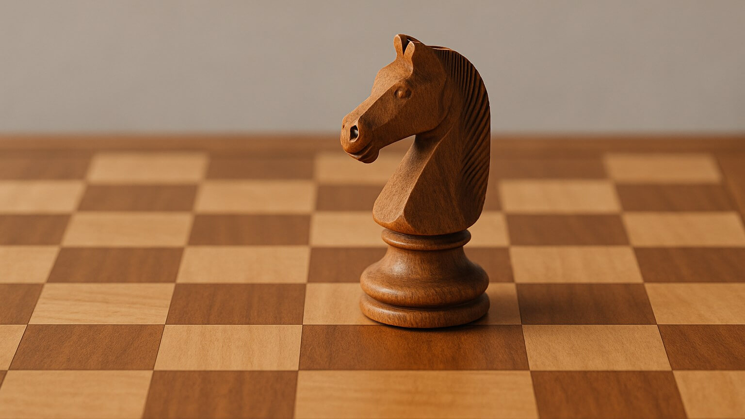 A carved wooden knight standing on the last square of an evenly lit chessboard.