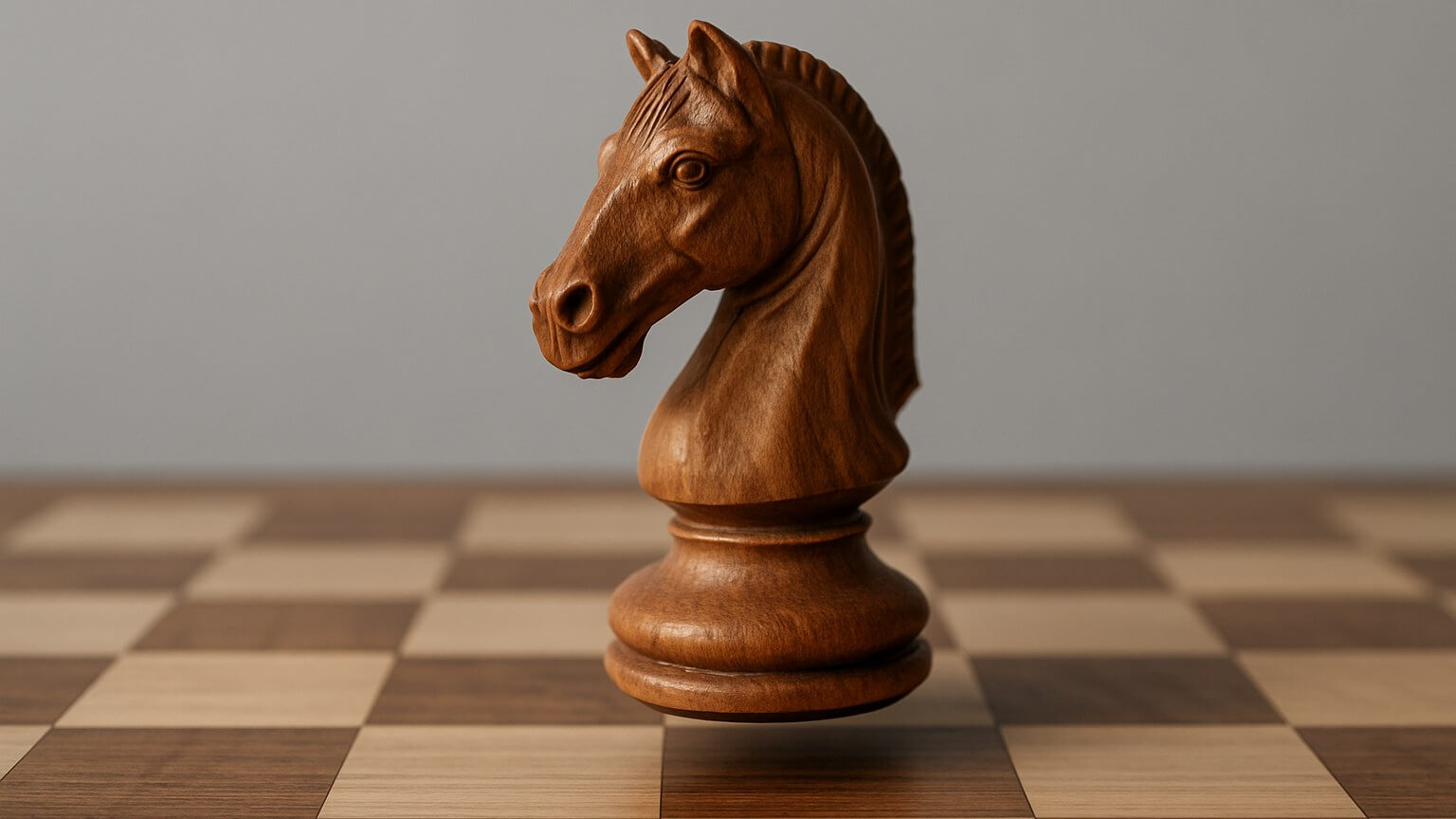 A carved wooden knight tilted forward above a chessboard, caught as though just set down.