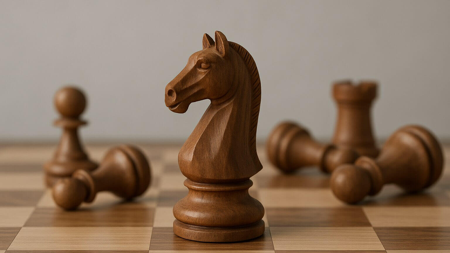 A carved wooden knight standing upright among two pawns and a rook lying on their sides.