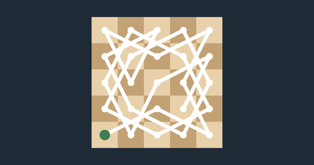 A 5x5 chessboard with one complete Knight's Tour drawn as a connected path through all twenty-five squares, the starting square marked in green.