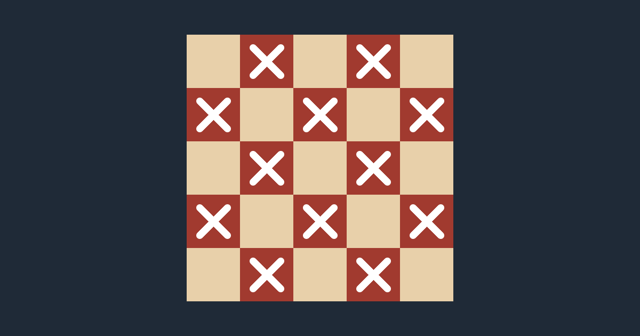 A 5x5 chessboard with the twelve squares that cannot begin a Knight's Tour crossed out, leaving the thirteen that can.