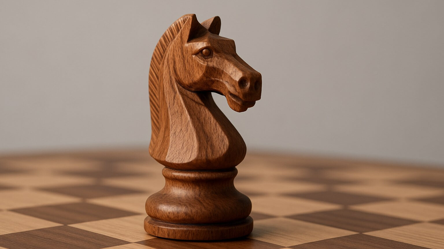 A single carved wooden knight standing alone on a chessboard, the only piece on the board.