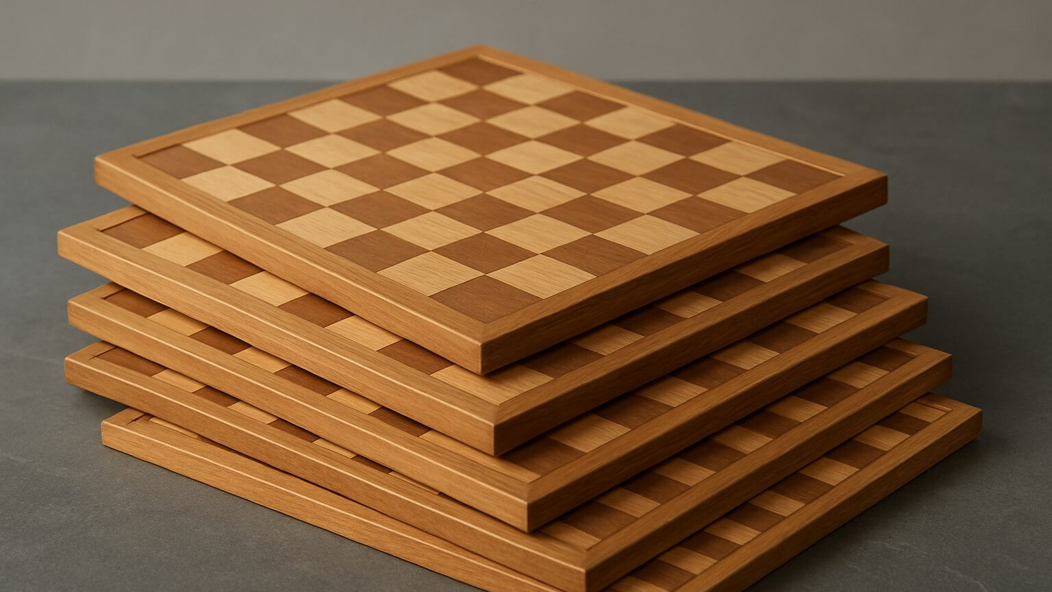Six wooden chessboards of different sizes stacked in a fanned pile.