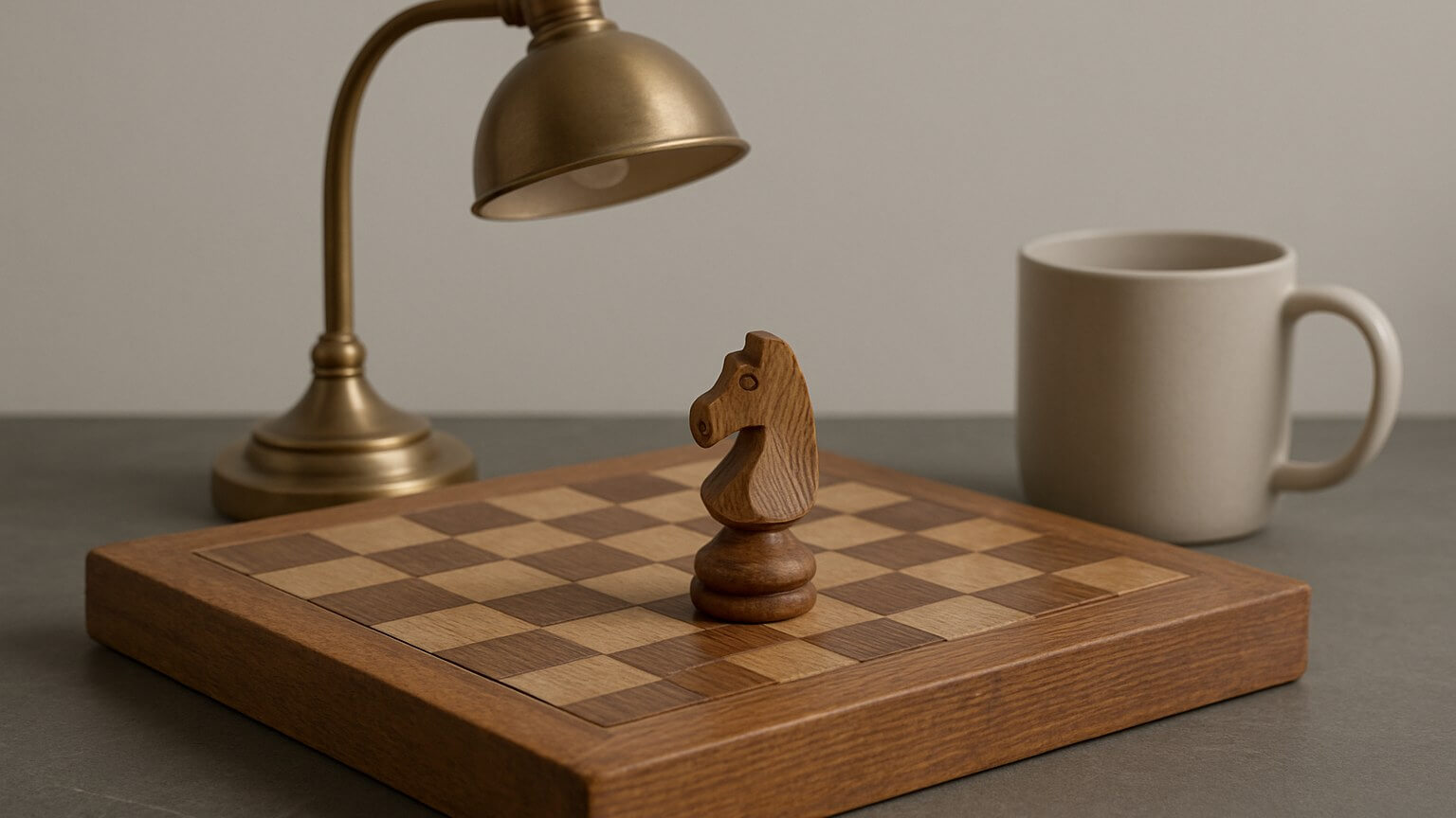 A small wooden chessboard on a desk beside a brass lamp and a ceramic mug, a single knight on the board.