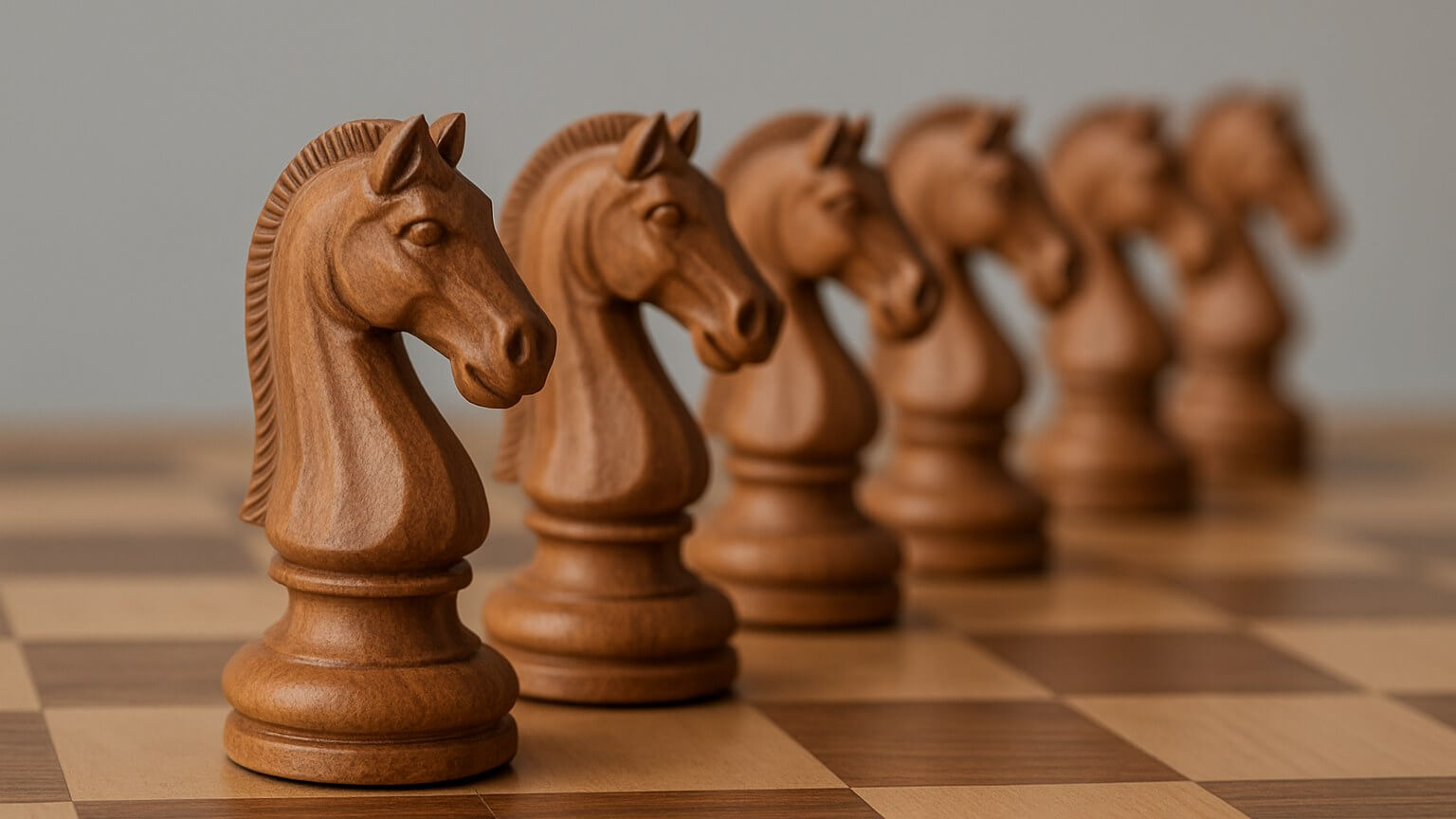 Five identical carved wooden knights standing in a staggered row across a chessboard.