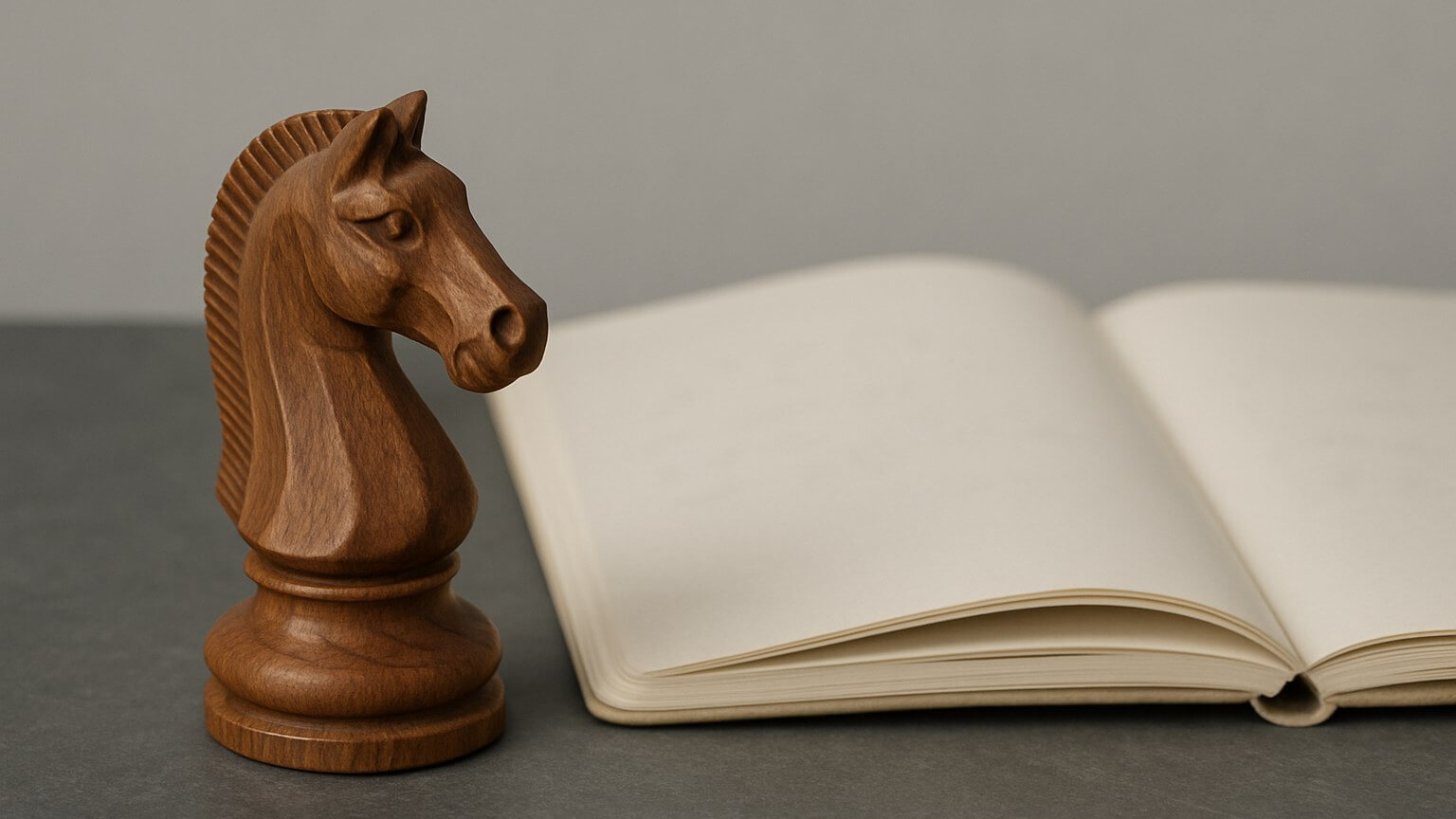 A carved wooden knight beside an open blank notebook on a grey desk.