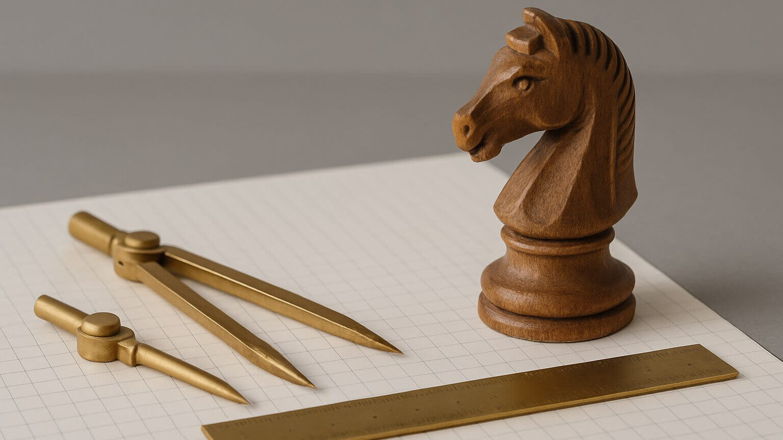 Brass drawing dividers and a brass ruler lying on squared graph paper beside a carved wooden knight.