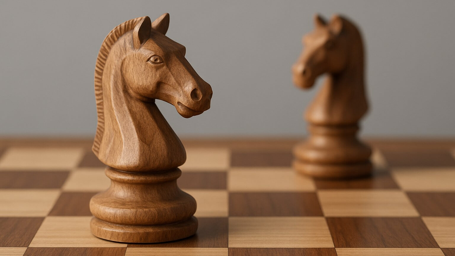 Two carved wooden knights on one chessboard, the nearer in sharp focus and the further one blurred.