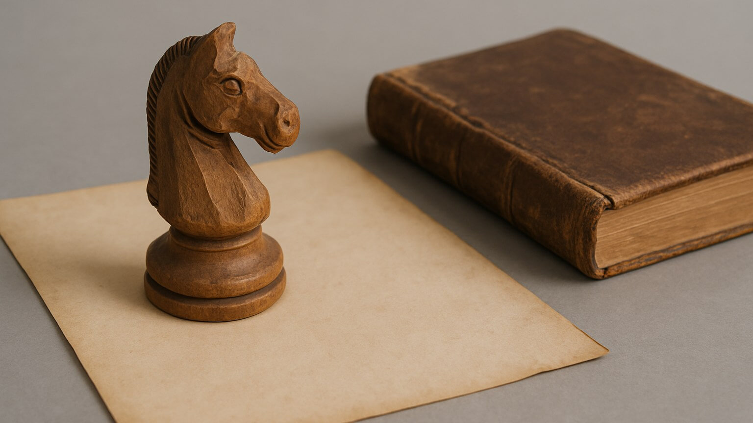 A carved wooden knight resting on a sheet of aged blank parchment beside a worn leather-bound book.
