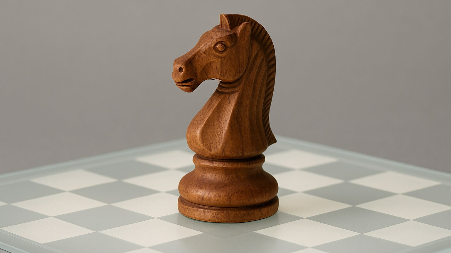 A carved wooden knight standing on a chessboard of frosted glass lit softly from beneath.