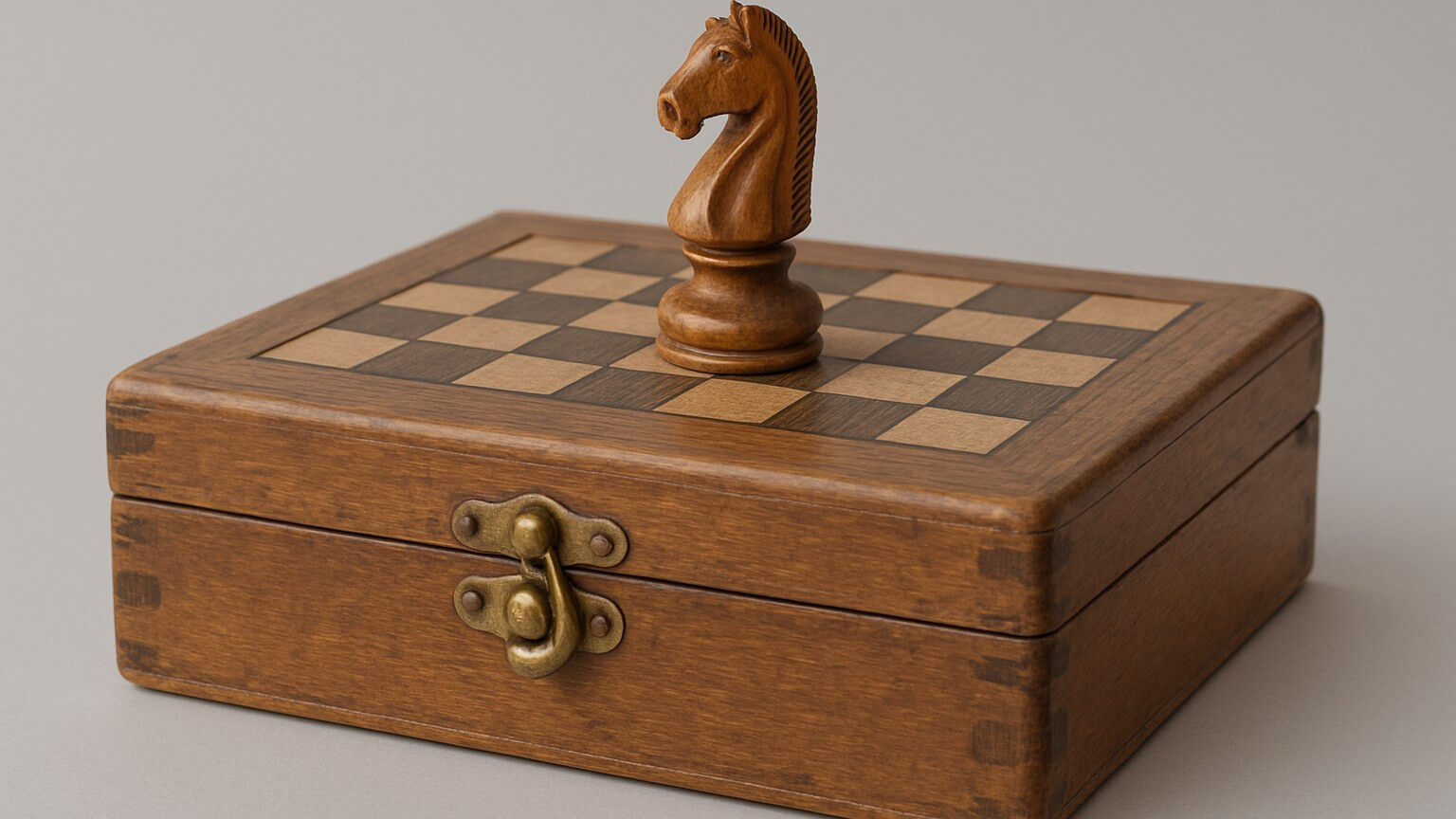 An antique wooden chess box with a board inlaid into its lid, a single knight standing on it.